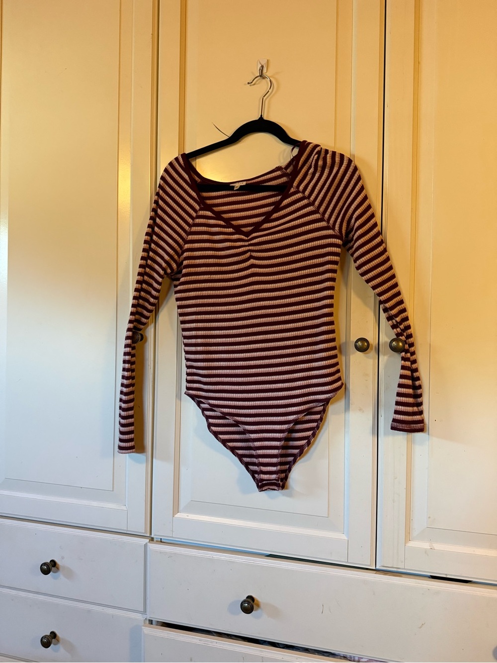 Striped Burgundy and Cream Long-Sleeve Ribbed Bodysuit